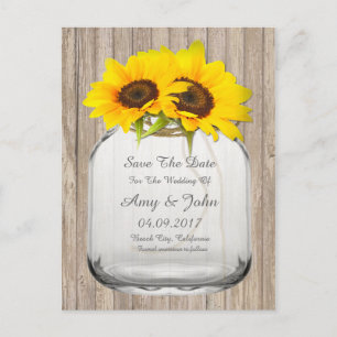 Mason jar sunflower save the date sunflwr6 announcement postcard