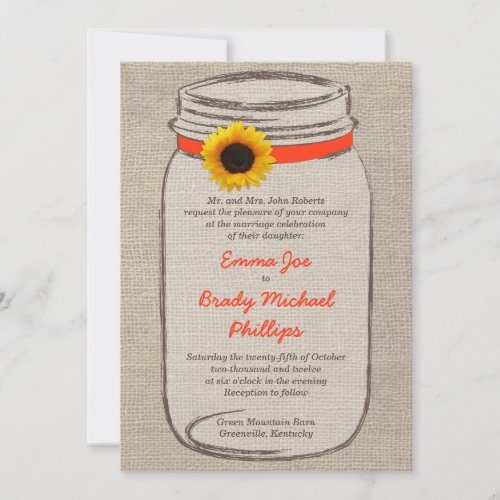 Mason Jar &amp; Sunflower Wedding Invitation Orange
