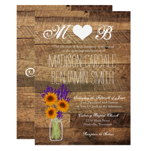 Mason Jar Sunflowers Barn Wood Wedding Invitations