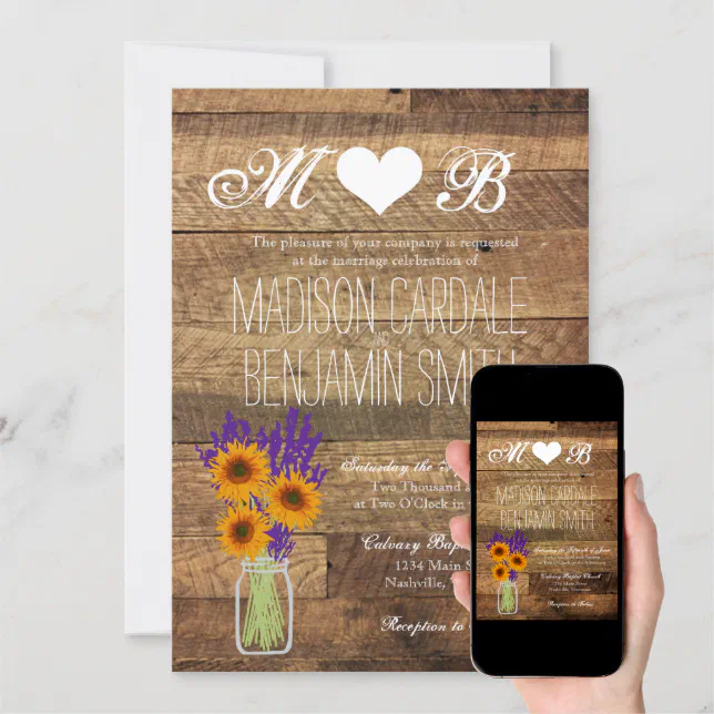 Mason Jar Sunflowers Barn Wood Wedding Invitations Zazzle 5467