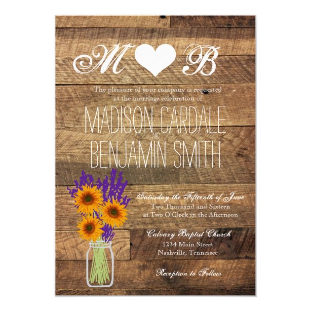 Mason Jar Sunflowers Barn Wood Wedding Invitations