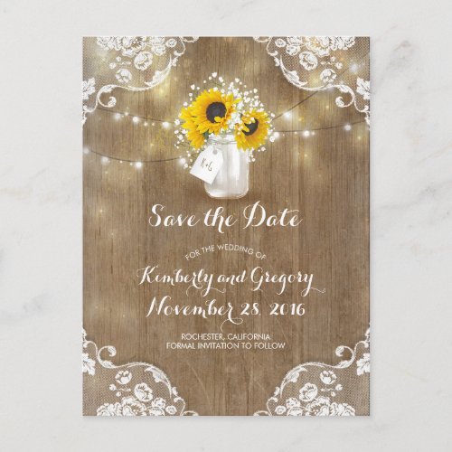 Mason Jar Sunflowers Bouquet Rustic Save the Date Announcement Postcard