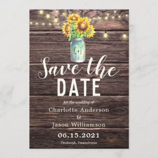 Mason Jar Sunflowers Bouquet Rustic Save the Date Invitation