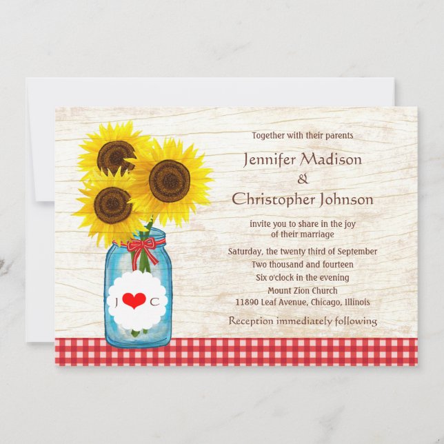 Mason Jar & Sunflowers Rustic Country Wedding Invitation (Front)