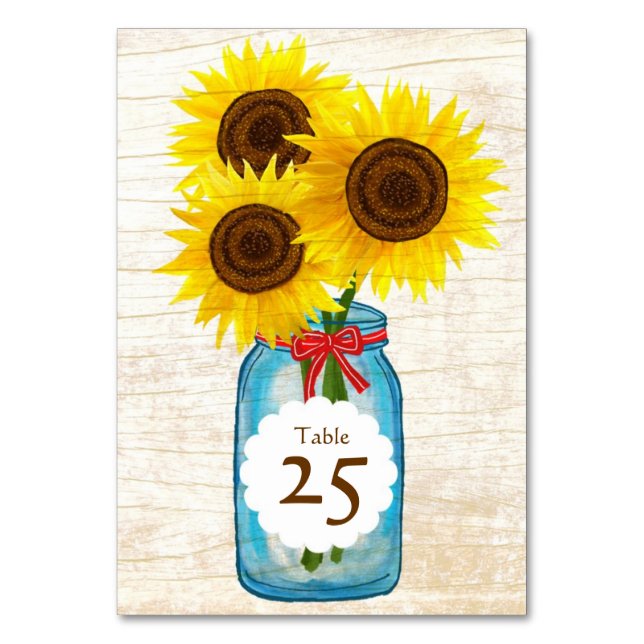 Mason Jar & Sunflowers Rustic Country Wedding Table Number (Front)