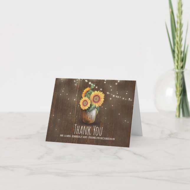 Mason Jar Sunflowers Rustic Wedding Thank You (Front)