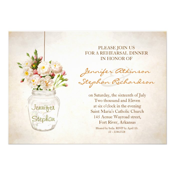 mason jar victorian flower rehearsal dinner invite