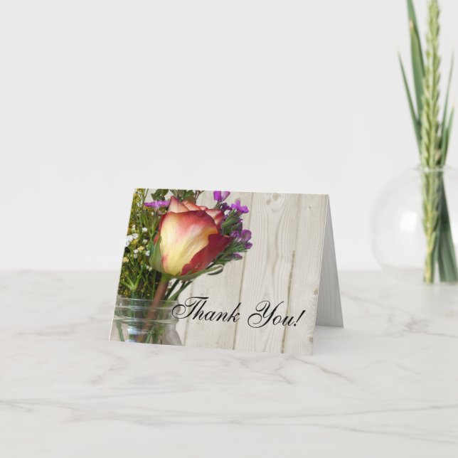 Mason Jar w/Rose and Wildflowers Thank You Card (Front)