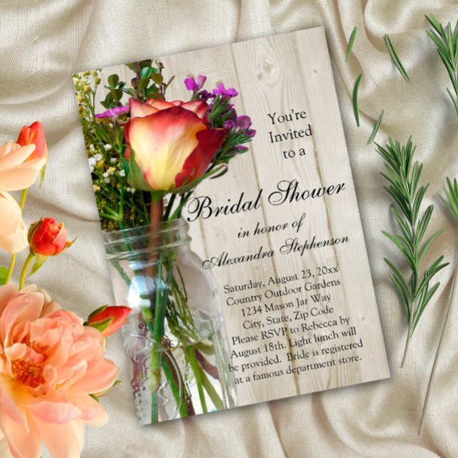 Mason Jar w/Rose/Wildflowers Bridal Shower Invite (Creator Uploaded)