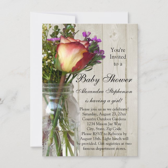 Mason Jar w/Rose/Wildflowers Girl Baby Shower Invitation (Front)