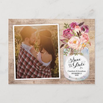 Mason Jar Watercolor Flowers Photo Save The Date Announcement Postcard by kittypieprints at Zazzle