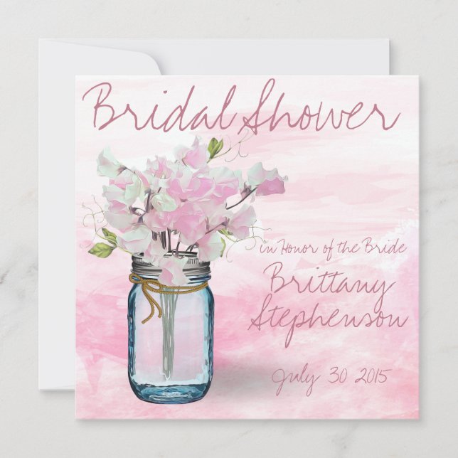 MASON JAR WATERCOLOR PINK SWEET PEAS INVITATION (Front)