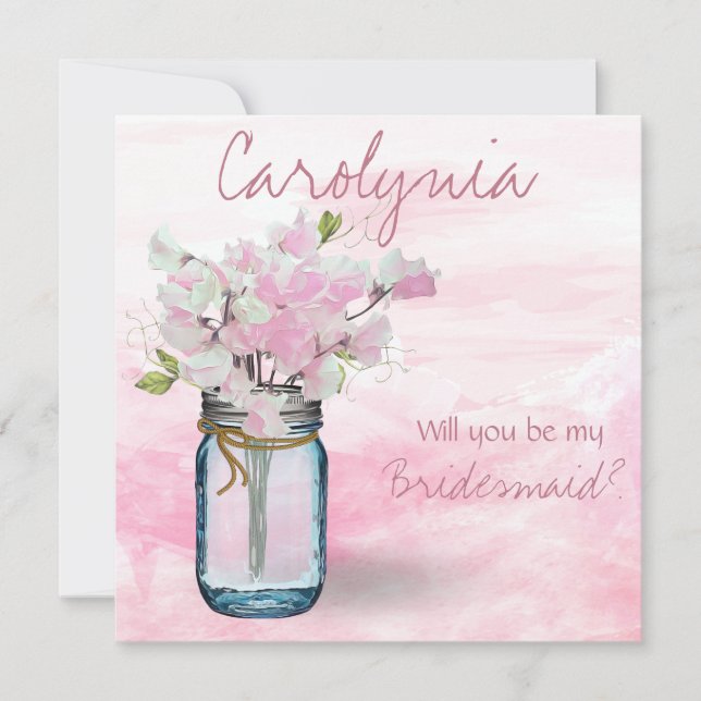 MASON JAR WATERCOLOR PINK SWEET PEAS INVITATION (Front)