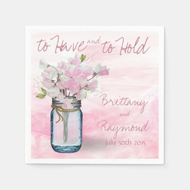 MASON JAR WATERCOLOR PINK SWEET PEAS PAPER NAPKINS (Front)