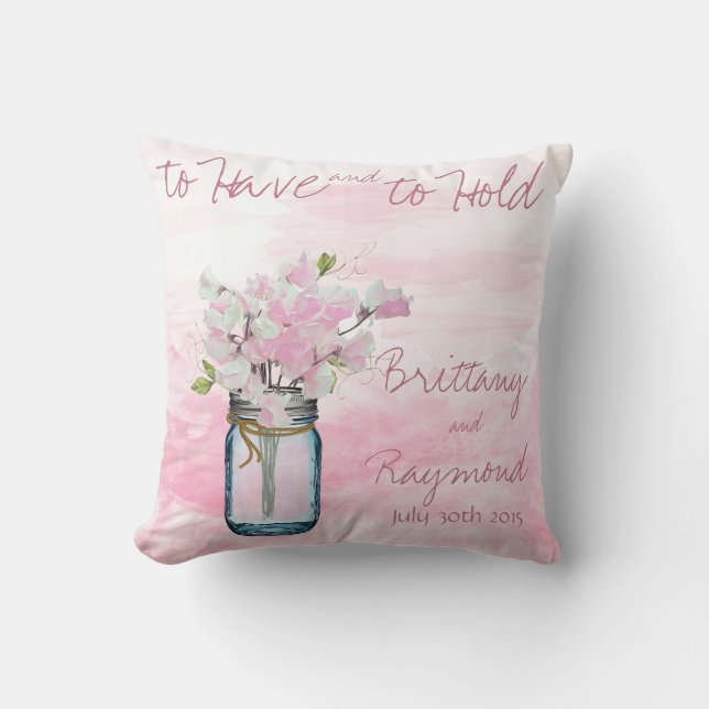 MASON JAR WATERCOLOR PINK SWEET PEAS THROW PILLOW (Front)