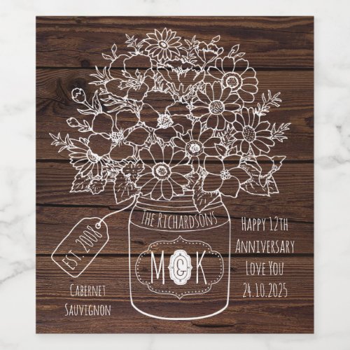 Mason Jar Wedding Anniversary Wildflowers Rustic Wine Label