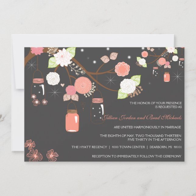 Mason Jar Wedding Invitation - Coral, Lime, Gray (Front)
