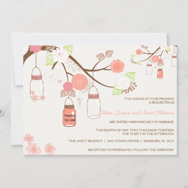 Mason Jar Wedding Invitation - Coral, Lime, White (Front)