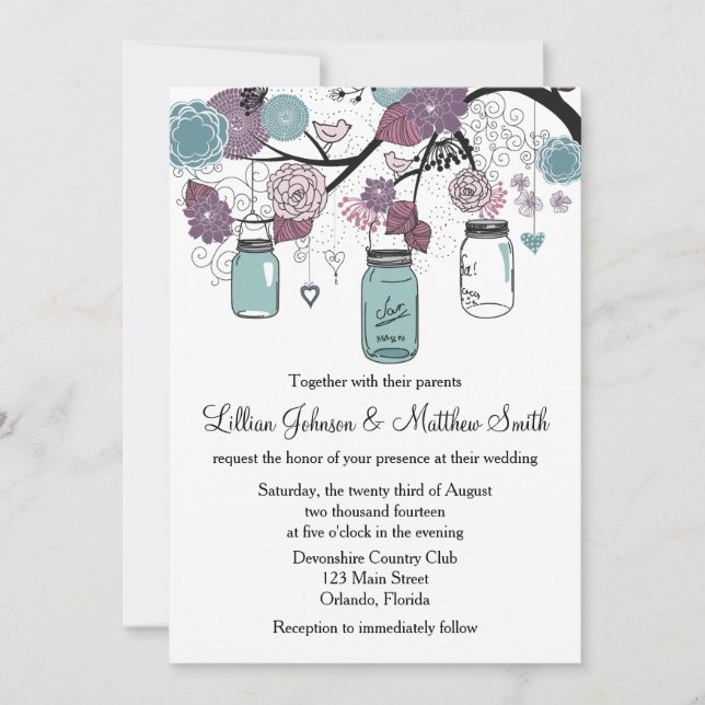 Mason Jar Wedding Invitation - Purple and Blue (Front)