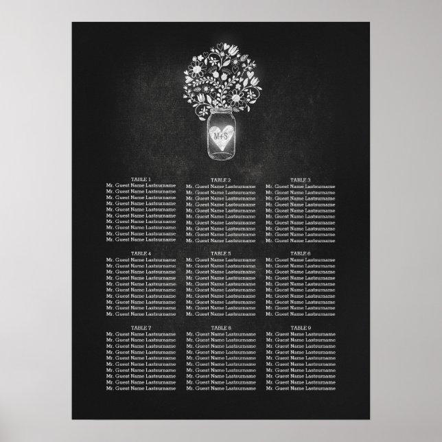 Mason Jar Wedding Seating Chart Chalkboard (Front)