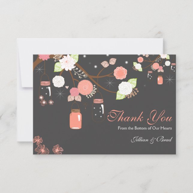 Mason Jar Wedding Thank You Card- Coral and Gray (Front)