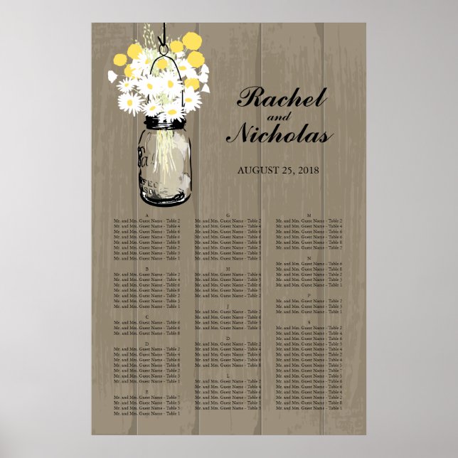 Mason Jar White Daisies 24 x 36 Seating Chart (Front)