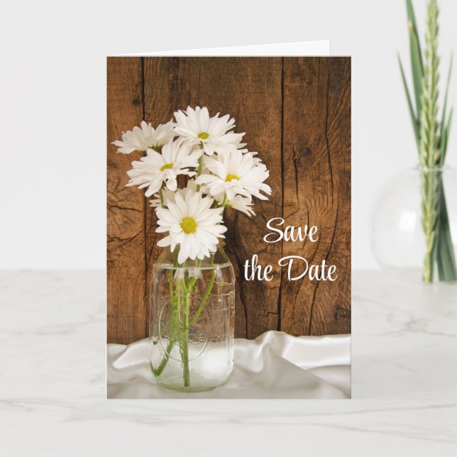 Mason Jar White Daisies Barn Wedding Save the Date Announcement (Front)