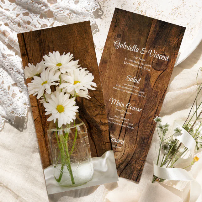 Mason Jar White Daisies Country Barn Wedding Menu Zazzle