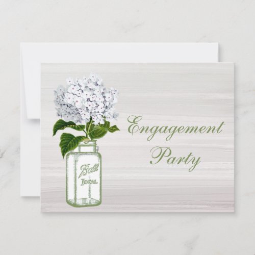 Mason Jar  White Hydrangea Chic Grey Engagement Invitation