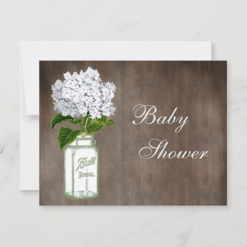 Mason Jar &amp; White Hydrangea Rustic Baby Shower Custom Invites