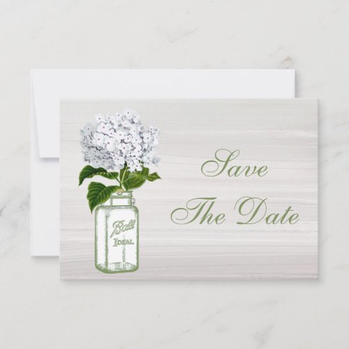 Mason Jar  White Hydrangea Save The Date Wedding