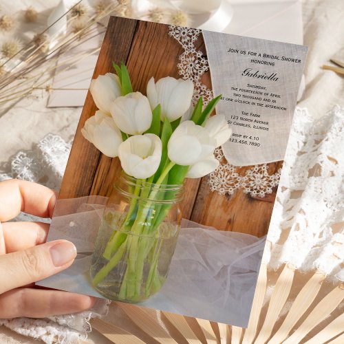 Mason Jar White Tulips Country Barn Bridal Shower Invitation
