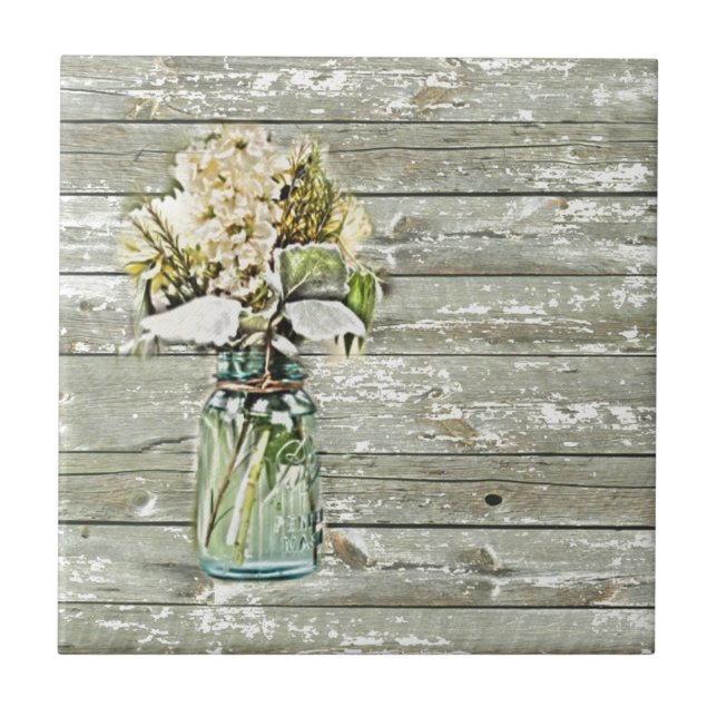 Mason jar wildflower barn wood french country ceramic tile (Front)