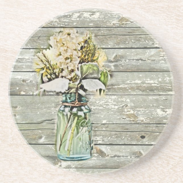 Mason jar wildflower barn wood french country drink coaster (Front)