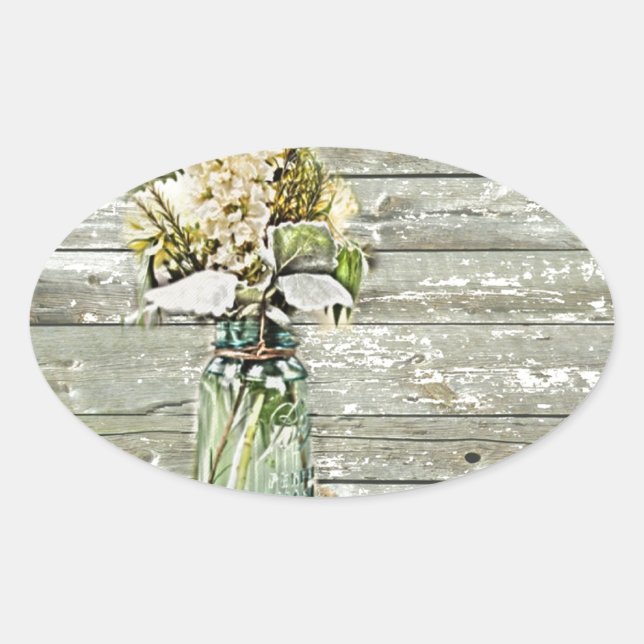 Mason jar wildflower barn wood french country oval sticker (Front)