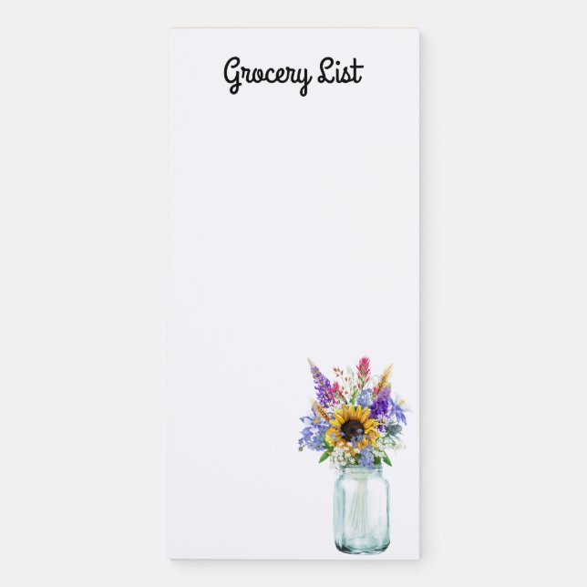 Mason Jar Wildflower Grocery List Magnetic Notepad (Front)