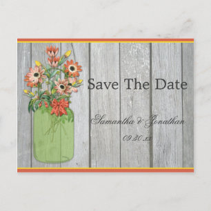 Mason Jar Wildflowers Barn Wood Save The Date Announcement Postcard