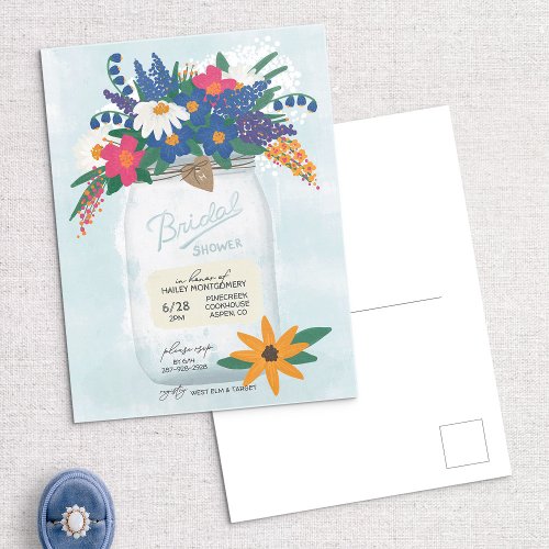Mason Jar  Wildflowers Bridal Shower Invitation Postcard