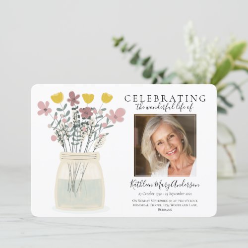 Mason Jar Wildflowers Funeral Memorial Invitation