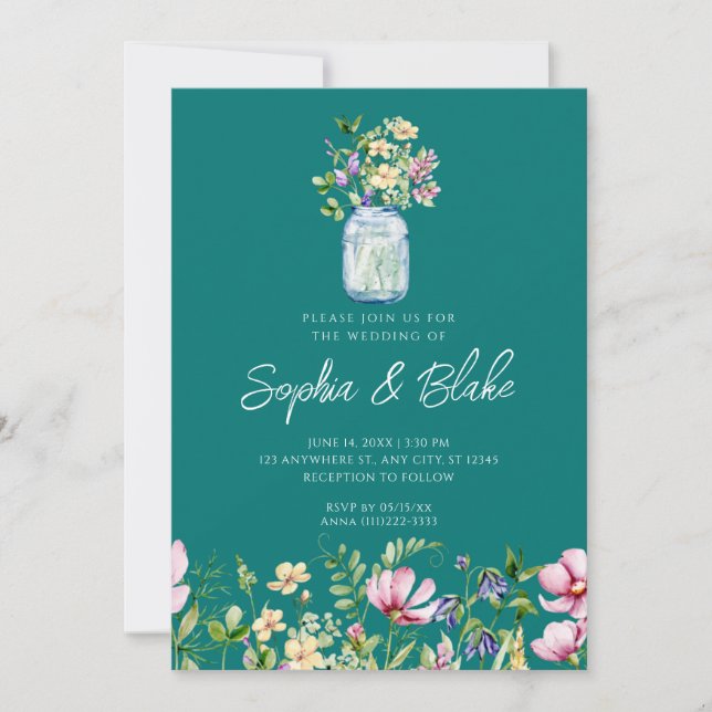 Mason Jar Wildflowers Rustic Country Green Wedding Invitation (Front)