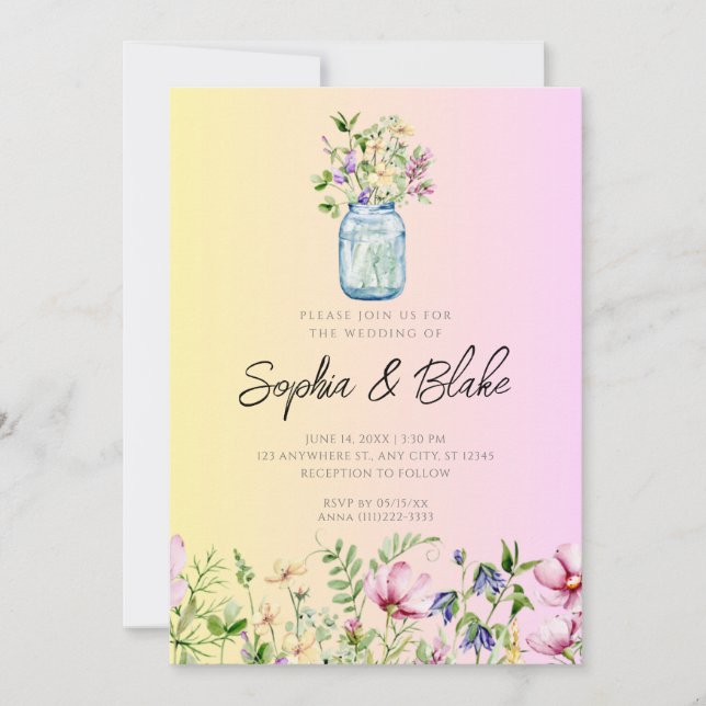 Mason Jar Wildflowers Rustic Ombre Pink Wedding Invitation (Front)