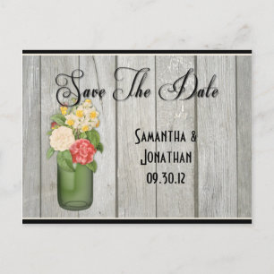 Mason Jar Wildflowers Wooden Boards Save The Date Announcement Postcard