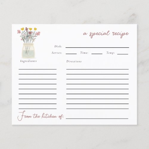 Mason Jar Wildlowers Bridal Shower Recipe Card