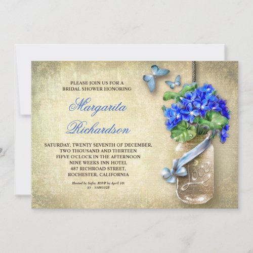 mason jar with blue flowers-bridal shower invites