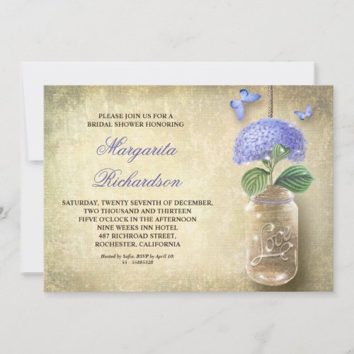 mason jar with blue flowers-bridal shower invites
