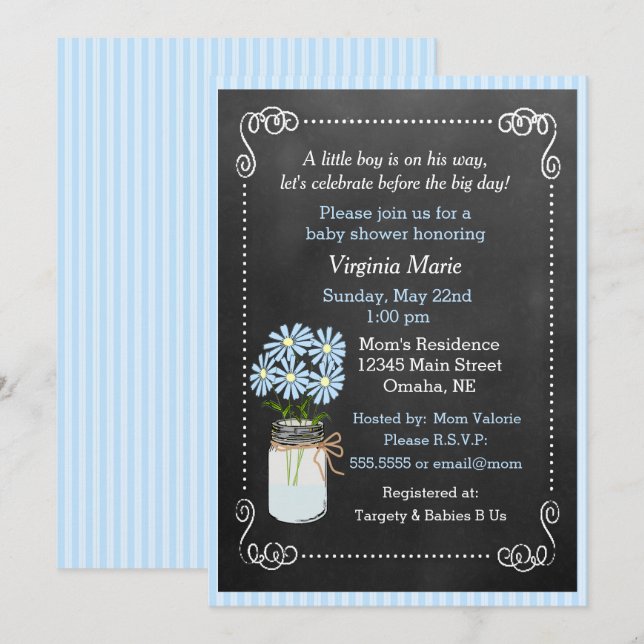 Mason Jar with Blue Flowers Country Baby Shower Invitation (Front/Back)