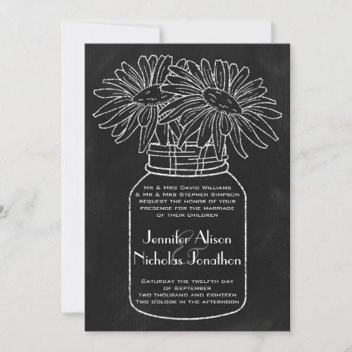 Mason Jar with Daisies on Chalkboard Wedding Invitation