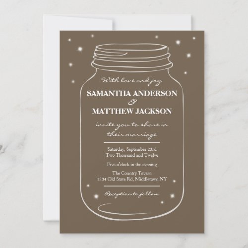 Mason Jar with Fireflies Wedding Invitation  Brown