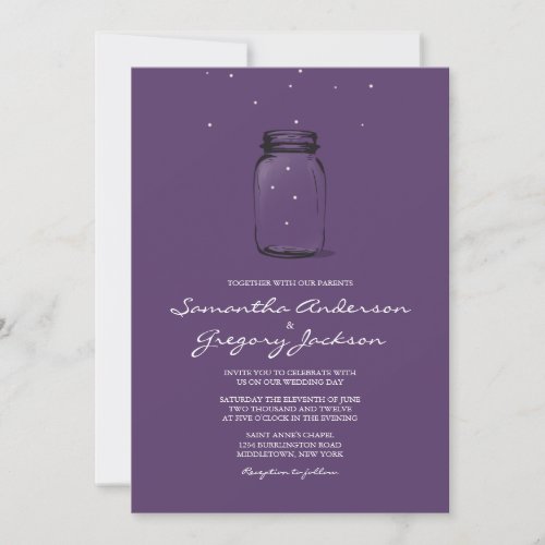 Mason Jar with Fireflies Wedding Invitation Purple