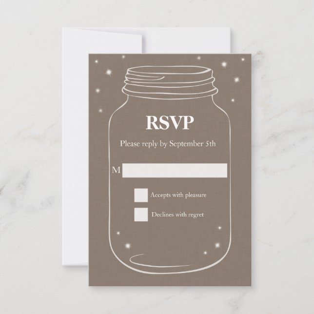Mason Jar with Fireflies Wedding RSVP Linen Card (Front)